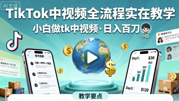 TikTok中视频全流程实操教学,小白做tk中视频,日入百刀-云阁资源网